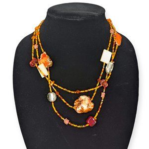 Beaded Multi Strand Mixed Media Necklace Fall Tones Signed BOHO